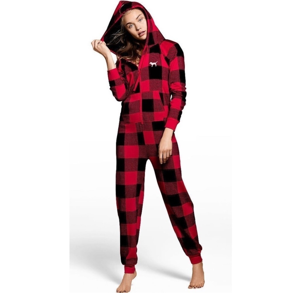 Victoria’s Secret Pink Hooded Sherpa Long Jane One Piece Onesie Red Plaid Sz XS
